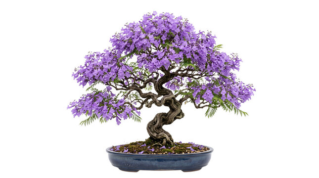 Blooming jacaranda bonsai tree with purple flowers, miniature flowering tree in ceramic pot, ornamental zen plant isolated on white background