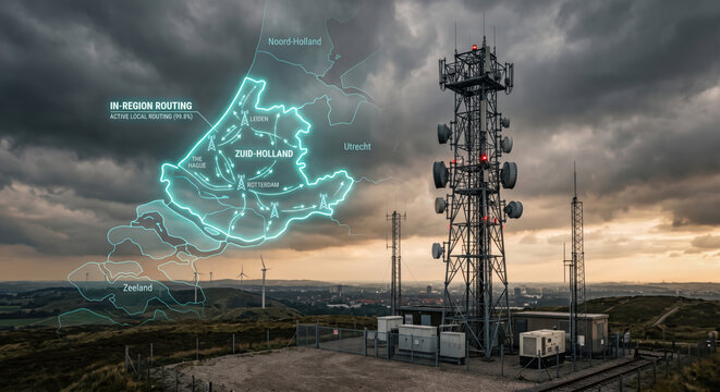 Tower and country outline: telecom data residency; lawful intercept, retention policy, audit logs secure.