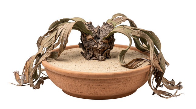 Welwitschia mirabilis desert plant in terracotta pot, rare ancient succulent with long weathered leaves, exotic botanical specimen on white background