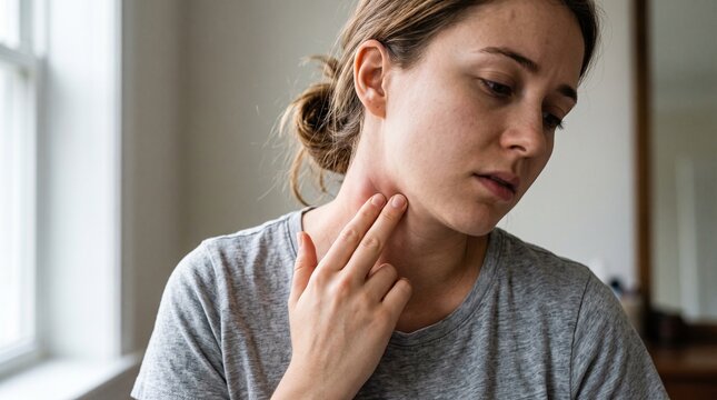 Woman Checking Swollen Lymph Nodes on Neck, Health Concern Concept