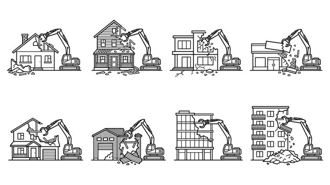Set of illustrations depicting heavy demolition machinery.
