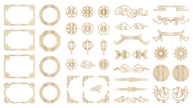Asian traditional golden decorative design elements and frames.
