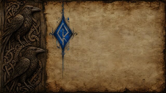 Mythological Carved Wood Odin Raven Huginn Muninn Blue Rune Parchment Manuscript Banner