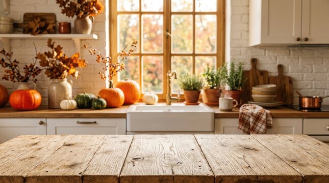 Cozy Autumn Kitchen Scene with Pumpkins and Natural Light