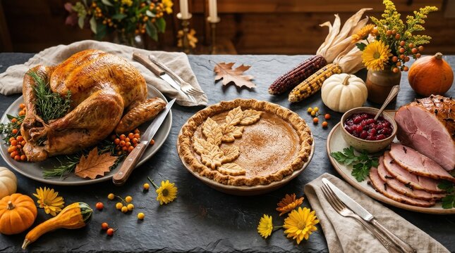 Delicious Thanksgiving dinner table setting with roasted turkey and pumpkin pie