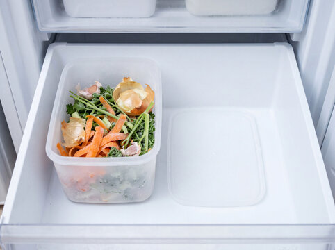Frozen Vegetable Scraps Stored in Freezer for Odor-Free Home Composting