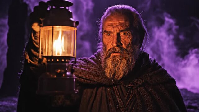 Old man holding lantern in mysterious purple fog.