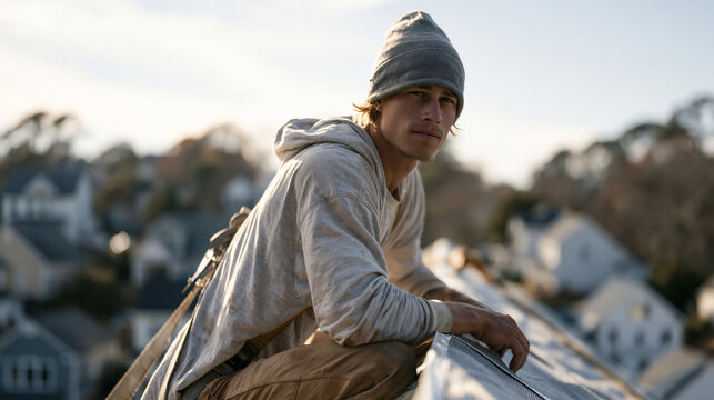 A gutter guard installer perches on a residential rooftop edge fitting mesh panels along an eave, safety harness clipped to ridge anchor, suburban homes visible in background