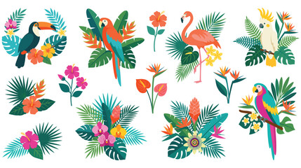 Tropical jungle birds and exotic flowers exotic flora fauna. © Amir