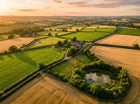 Aerial view of English countryside farm with pond and patchwork fields at sunset