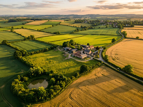 Aerial view of rural farm estate surrounded by patchwork fields at golden hour