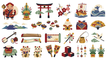 Fototapeta premium Traditional japanese new year celebration icon collection.