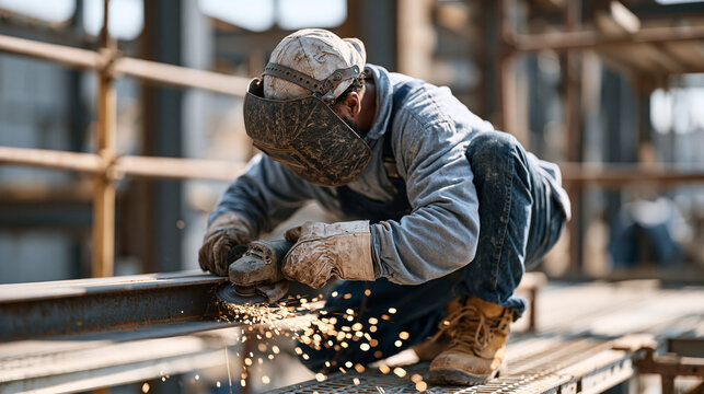 A welder in a full face shield grinds sparks from a structural steel joint on a construction site scaffold, grinder trailing bright arcs, safety boots gripping the grating,