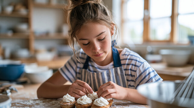 A teen girl in an apron carefully decorates cupcakes during a weekend kids cooking class in a sunlit community center kitchen, flour dusted counters, mixing bowls, childhood food