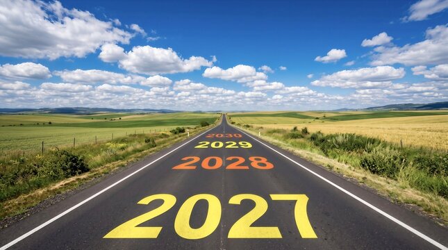 Concept of asphalt road path into the future with year numbers 2027 2028 2029 under blue sky