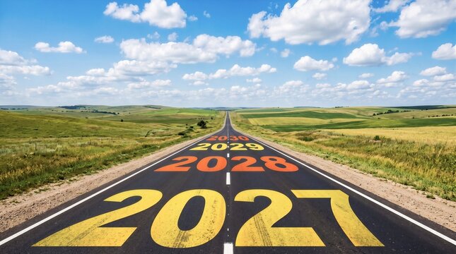 Straight asphalt road heading towards the future with years 2027 2028 and 2029 numbers painted on tarmac under a blue sky
