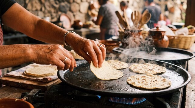 Hispanic woman hands making fresh corn tortillas on a comal during National Hispanic Heritage Month celebration