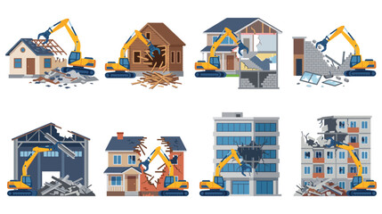 Demolition of buildings and houses by excavator machinery. © Amir