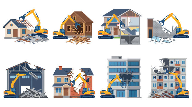 Demolition of buildings and houses by excavator machinery.
