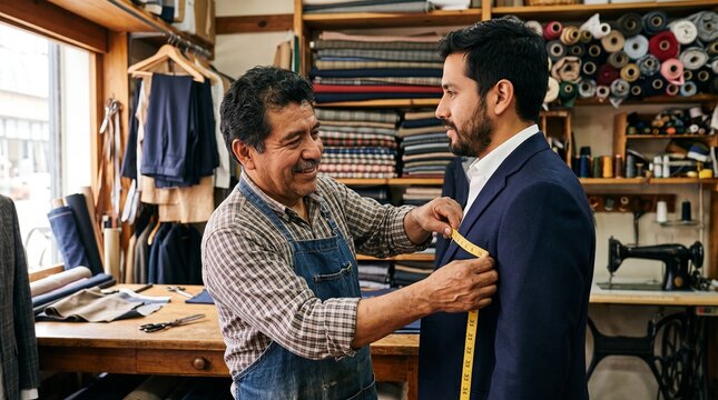 Hispanic tailor measures client for custom suit in atelier with fabric rolls and sewing machine