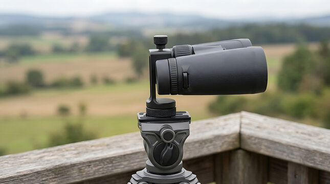 Black binoculars mounted on a tripod overlooking a blurred rural landscape and fields