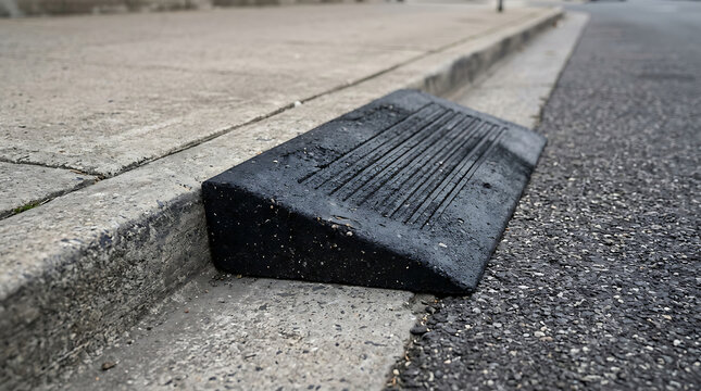 Black rubber speed bump installed on an asphalt road next to a concrete sidewalk curb