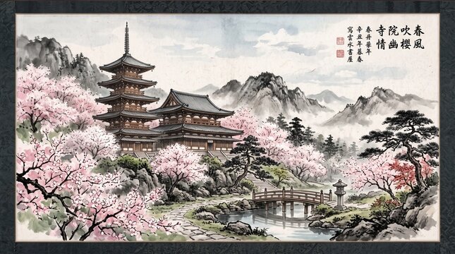 Traditional Japanese ink wash painting of a pagoda, cherry blossom spring landscape with mountains, vintage oriental watercolor art