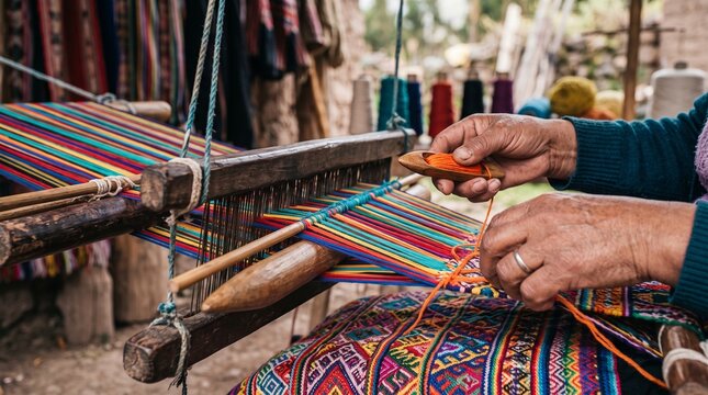 Elderly hands weaving colorful textiles on a traditional loom, celebrating Hispanic heritage and craftsmanship