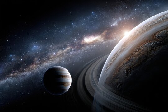 Jupiter floats in space with its rings, illuminated by starlight from the vast galaxy.