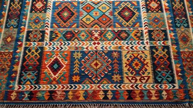 Vibrant Kilim Rug with Geometric Patterns and Traditional Hispanic Heritage Motifs in Rich Colors