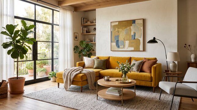 Modern living room interior with yellow velvet sofa, cozy home lounge with mid-century furniture, bright apartment with large windows and indoor plants