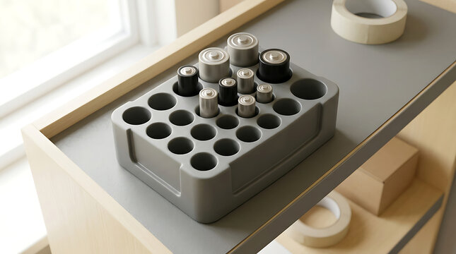 Gray plastic battery organizer tray holding various aa and aaa batteries on a light wooden shelf
