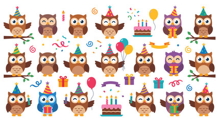 Fototapeta premium Cute owl birthday party characters with cake and balloons.