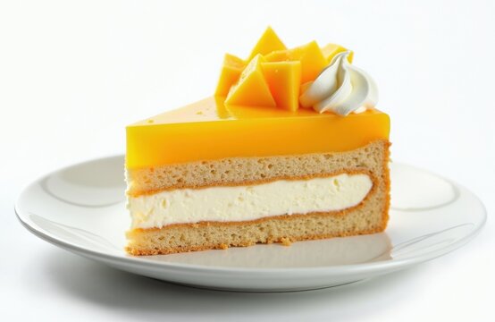 Slice of mango float cake on white plate. Tropical fruit dessert with yellow jelly layer, sponge base. Cream topping on pastry piece against isolated background. Fresh sweet treat for cafe menu