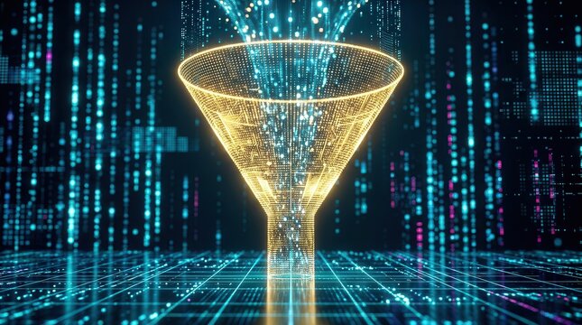 Digital information funnel representing the process of transforming data into useful insights.