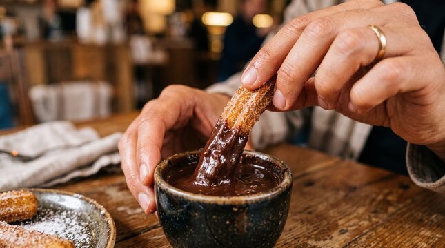 Person dipping a cinnamon sugar churro into rich dark chocolate sauce celebrating Hispanic Heritage Month