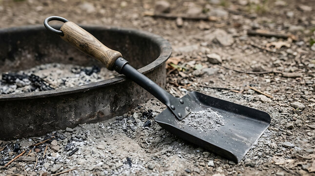 Metal fireplace shovel with wooden handle resting inside a circular metal fire pit with grey ashes