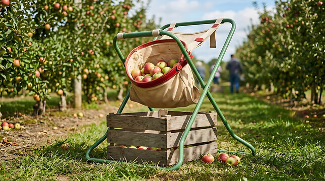 Metal apple picking stand with a canvas bag and wooden crate in a sunny orchard with fruit trees