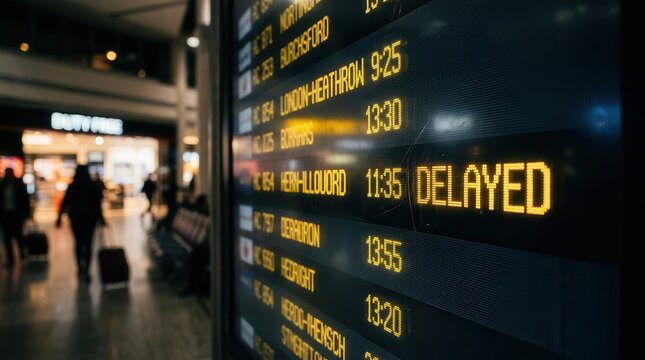 Digital flight information display screen with delayed status indicating travel problems.