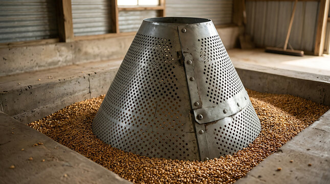 Metal perforated cone sieve sitting in a pile of dried corn kernels inside a rustic farm building