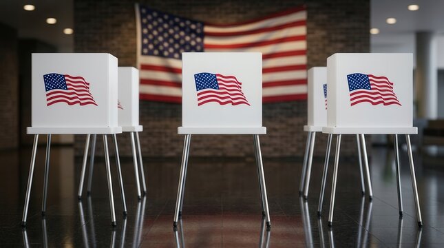 Private polling booths lined up for USA elections showcasing the American democratic process.