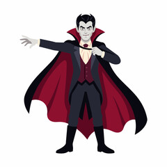 Obraz premium Classic Dracula Vampire Character in Formal Attire with Red Lined Cape and Pointed Fangs PNG Isolated on transparent background : characters and elements for halloween