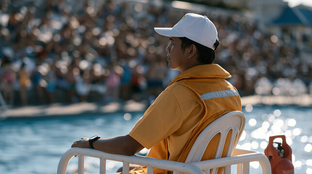 Filipino pool lifeguard on elevated chair scanning crowded outdoor municipal pool midday sun casting sharp shadows swimsuit clad families in background safety rescue equipment