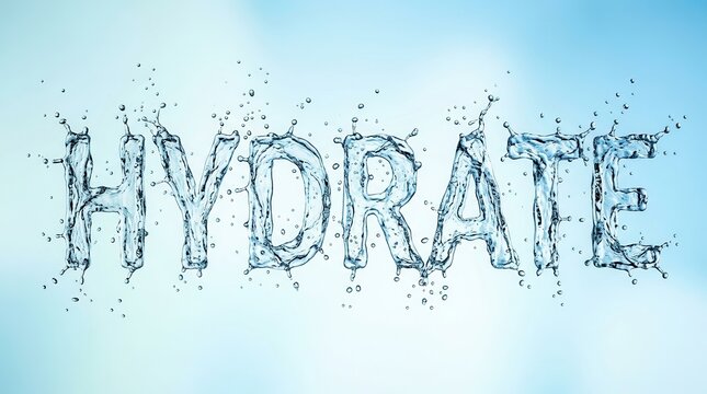 Water droplets shaped into the word hydrate symbolizing the importance of hydration.