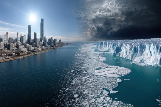 A striking divide between melting glaciers and a bustling city under a bright sun showcases climate change.