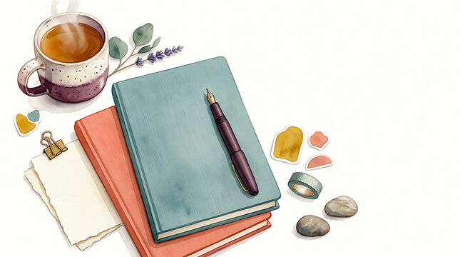 Stack of notebooks with a fountain pen, a steaming cup of tea, and decorative stones on white table
