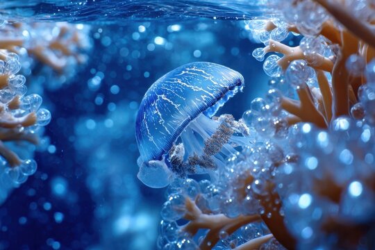 A colorful jellyfish glides through sparkling water near coral formations, showcasing the beauty of marine life.