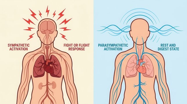 Comparison of fight or flight and rest and digest during vagus nerve activation.