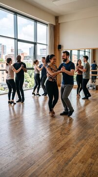 Diverse couples enjoy a lively salsa dance class in a bright studio with city views