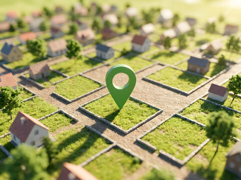 Miniature model garden allotments with green location pin and pathway